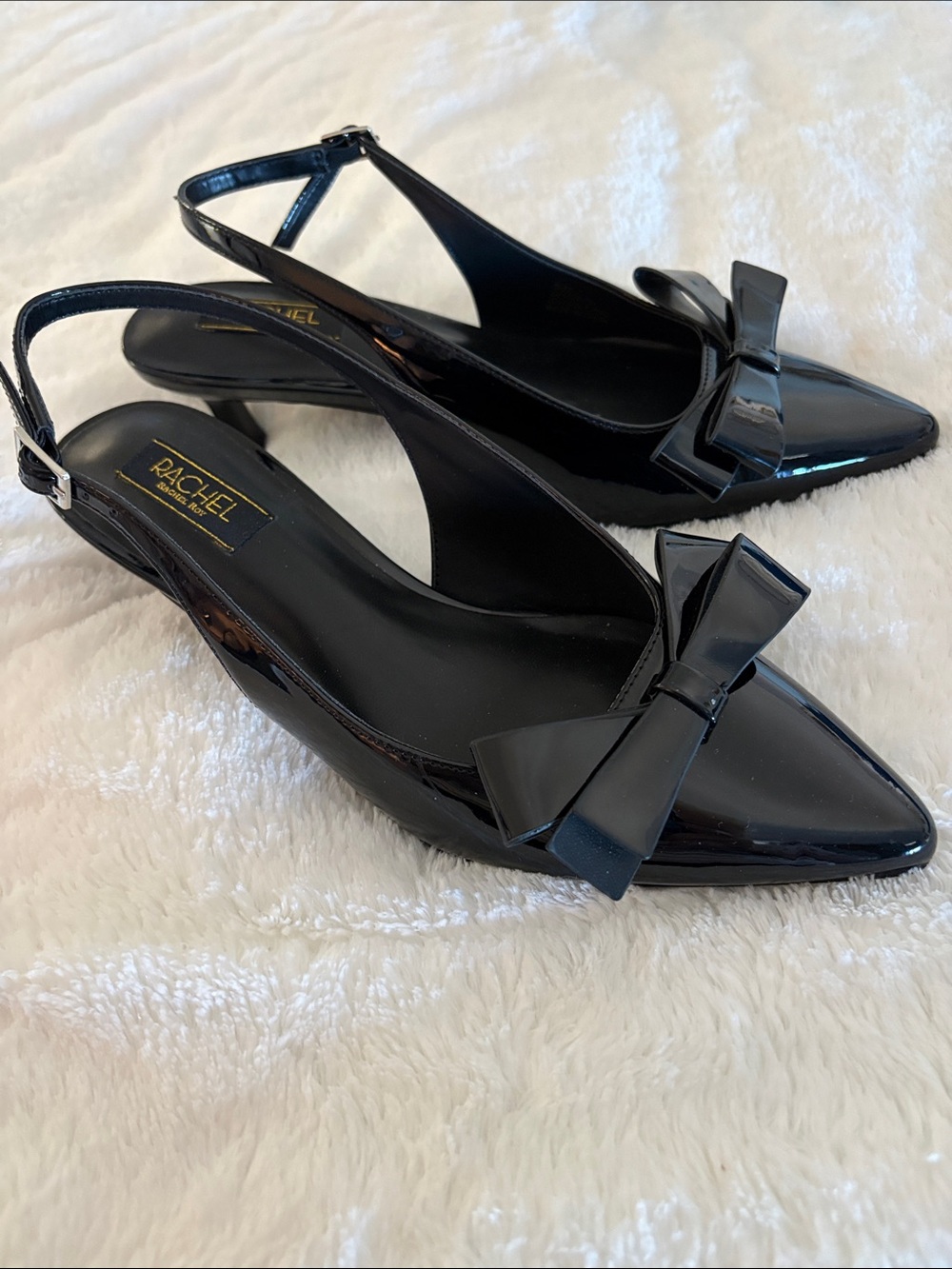 Rachel Black Patent Pointed Slingback Heels with Decorative Bow